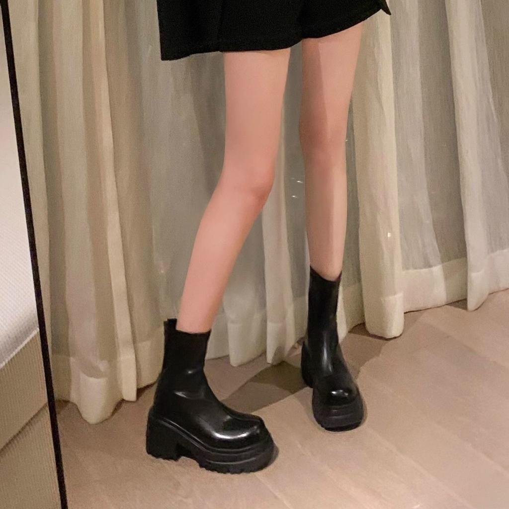 Легкие тонкие ботинки~ толстый каблук толстая подошва задняя молния сумка нога эластичные короткие ботинки женские 2025 осень и зима новые мартин тонкие ботинки