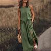 Ladies' French Elegant Sleeveless Dress - High Slit Round Neck Flared Hem, Casual Semi Formal Outfit, Simple and Fashionable Style
