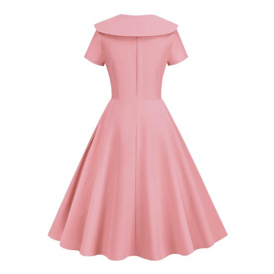 Retro Women Dress Turn-down Collar Shortn Sleeves A-line Big Swing Buttons Slim Fit Solid Color 50s Ball Prom Midi Dress
