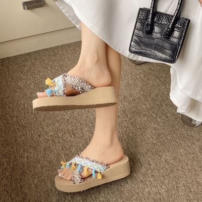 Удобные универсальные шлепанцы на платформе с бахромой и перекрестными ремешками, женские, лето 2025, новая модная модель, женская уличная обувь