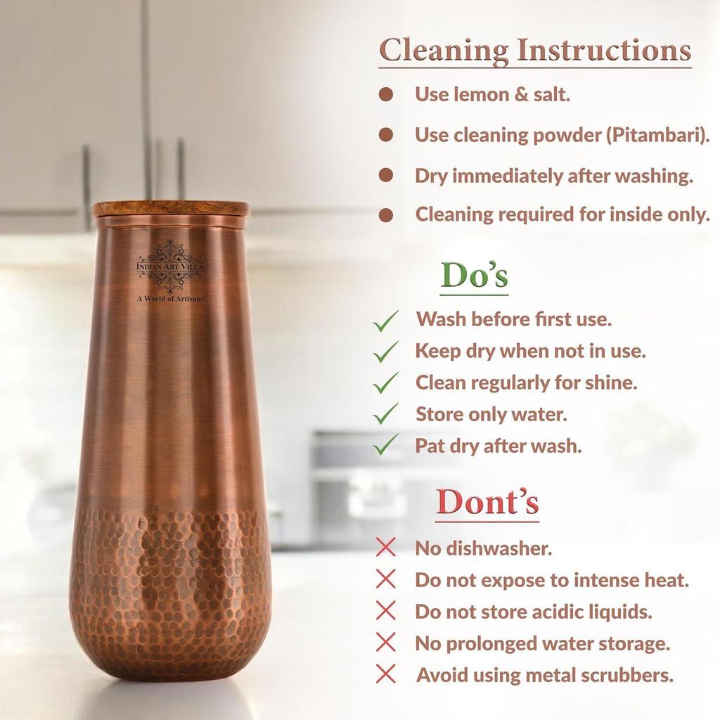 Pure Copper Bedroom Water Bottle with Wooden Lid, Aqua Vase Design with Bottom Hammered Dark Lacquer Finish - Volume 1300 Ml (Pack of 2)