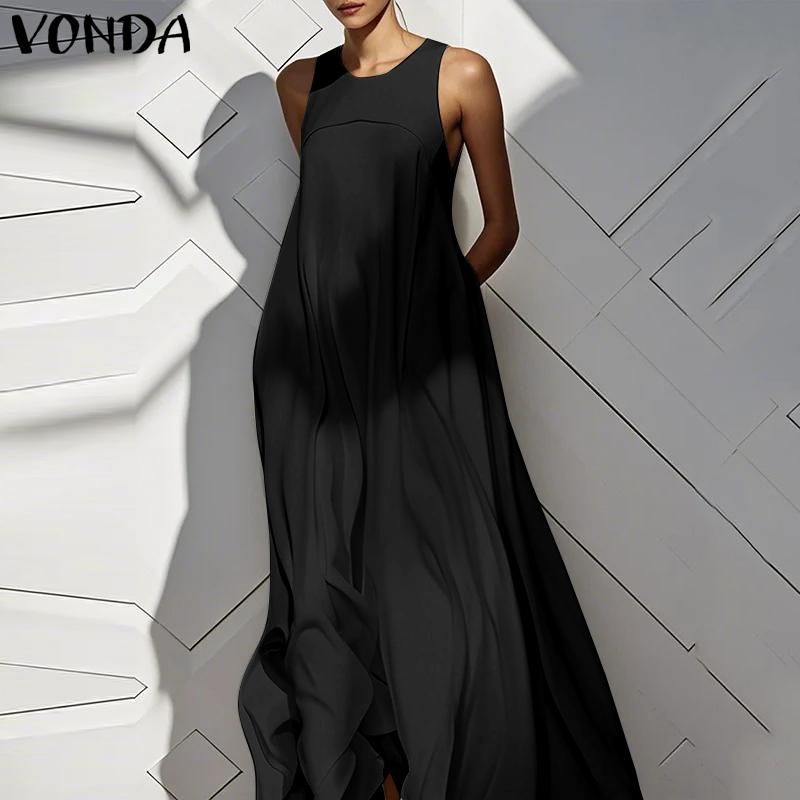 VONDA Летнее женское платье с круглым вырезом, без рукавов, однотонное, праздничное, пляжное, длинное, плиссированное