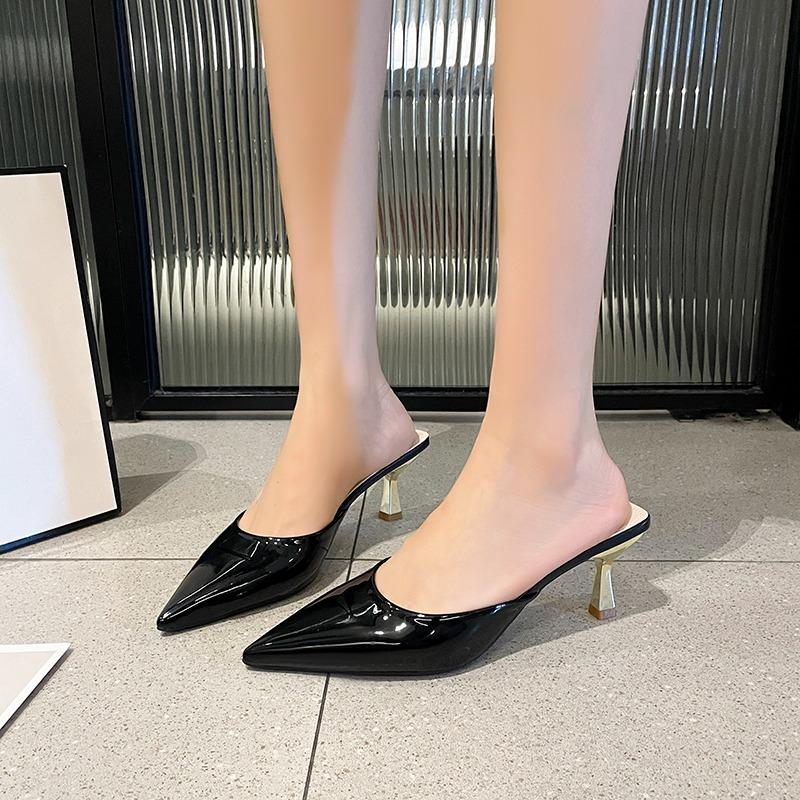 Баотоу Полутапочки Женские Новинка Летней Носки Лакированная Кожа Острый Носок Неглубокий Вырез Маленькая Шпилька Высокий Каблук