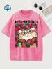 Funny Cat "Strawberries" Print Vintage Washed Pink Casual Cotton Graphic T Shirt