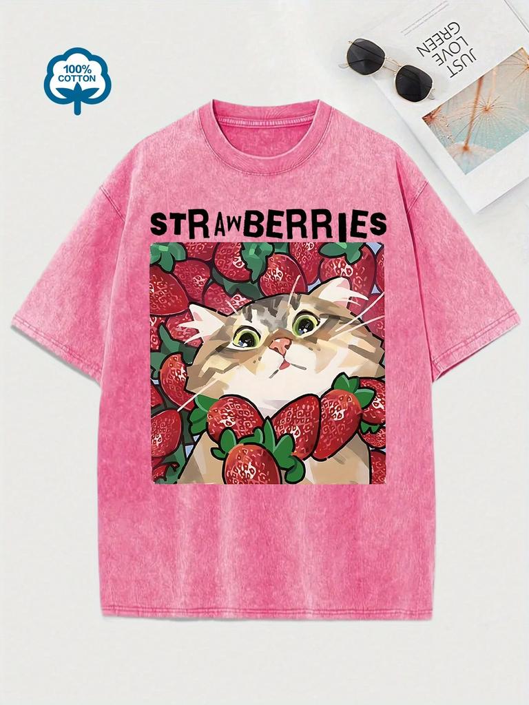 Funny Cat "Strawberries" Print Vintage Washed Pink Casual Cotton Graphic T Shirt
