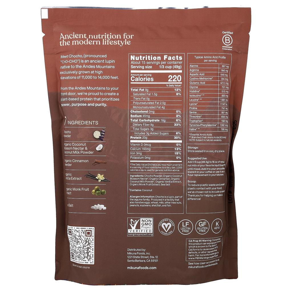 MIKUNA, Chocho Plant Protein Powder, Cinnamon Horchata, 735g (1.62lb)