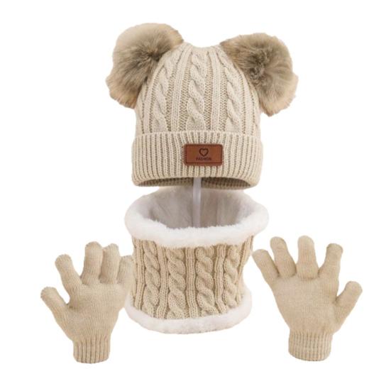 Yousheng 3 шт./компл. Детская зимняя шапка, шарф, перчатки, комплект, шапка без полей с двумя плюшевыми помпонами, вязаные перчатки с текстурой «косичка», флисовая подкладка, набор гетр для шеи