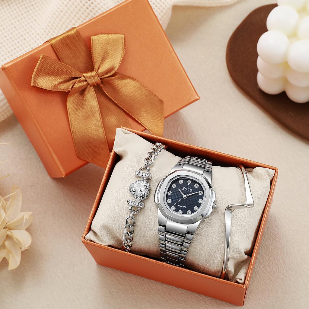 No Gift Box, Small Batch Watches, Korean Version of the Square Versatile Quartz Watches Heart-shaped Diamond Bracelet 3 Sets