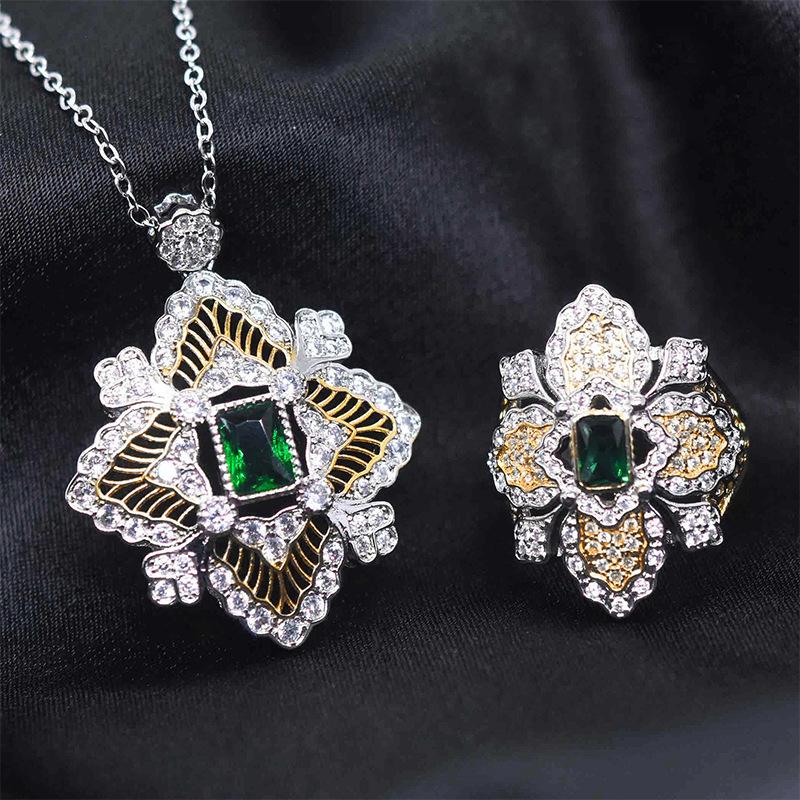 Плетение Гравировка Золотая Имитация Изумруда Костюм Кружево Полый Нить Кольцо Длинные Серьги Зеленый Бриллиант Ожерелье