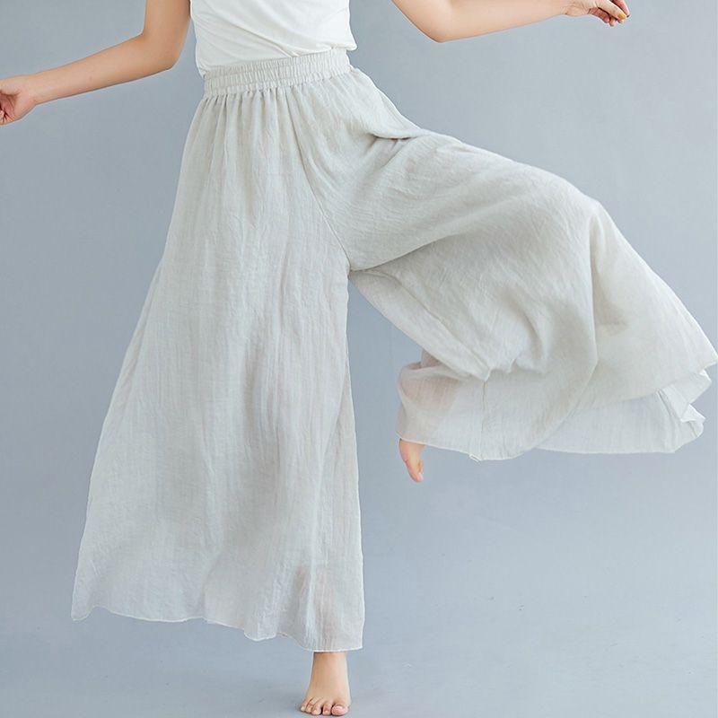 Artistic Cotton Wide Leg Pants for Women's Summer Loose and Casual Solid Color Big Swing High Waist Retro Yoga Pants Skirt