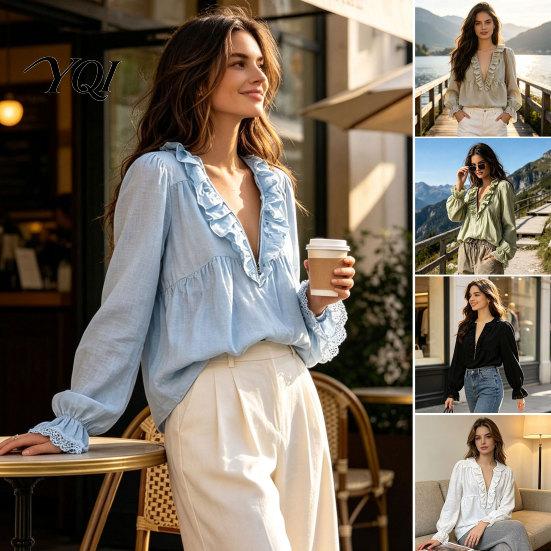 Daily Wear Blouse Women Half Zipper V-Neck Blouse, Bohemian Long Sleeve Ruffle Top, Spring Fall Tops Solid Color Loose Fit Pleated Shirt for