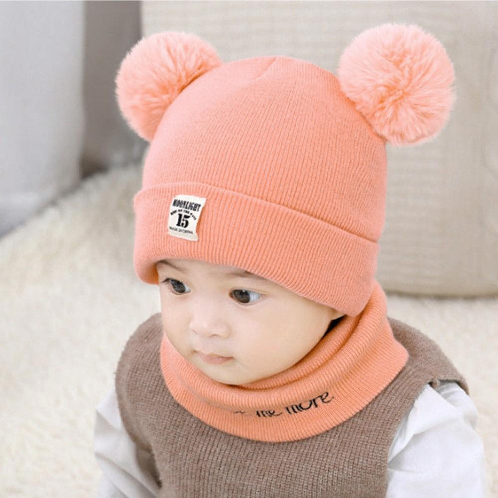 Шапка с помпоном для новорожденных детей, зимняя теплая вязаная шапка, шарф, комплект