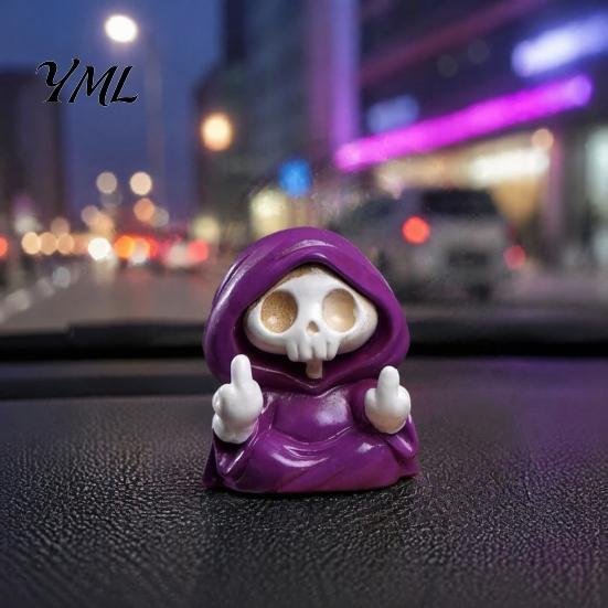 Purple Robe Skeleton Figurine for Halloween, Middle Finger Tabletop Display Figure Resin Statue, Gothic Walking Dog Sculpture Ornament Decorative