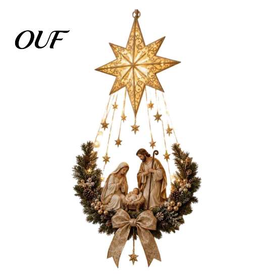 Indoor Christmas Party Ornament Lighted Nativity Door Swag, Bethlehem Star of Faith Wall Decor, Light-up Holy Retro Decoration Family Hanging