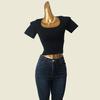 American Style Short Square Collar Sexy Knitwear Foreign Trade Original Order High Elastic Silm Slim Looking Midriff-Baring Short Sleeve T-shirt