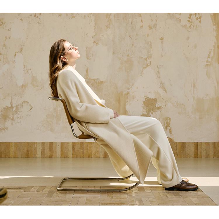 Fan Si Lan En Diamond Draped White Double-Sided Wool Coat for Women - Autumn/Winter Woolen Jacket