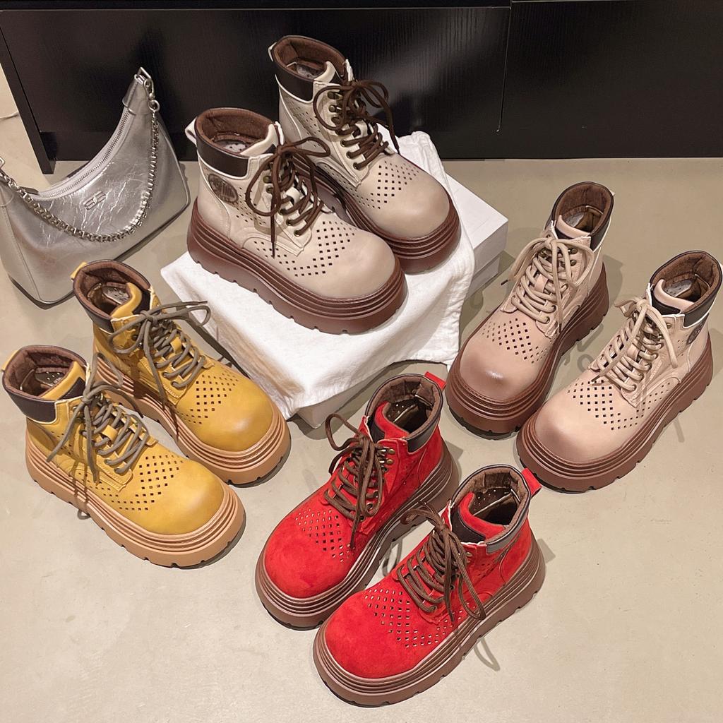 Thick-soled Hollow Rhubarb Boots Women's Martin Boots 2025 Summer, Autumn and Winter New Popular Short Tube Versatile Short Boots Single Boots