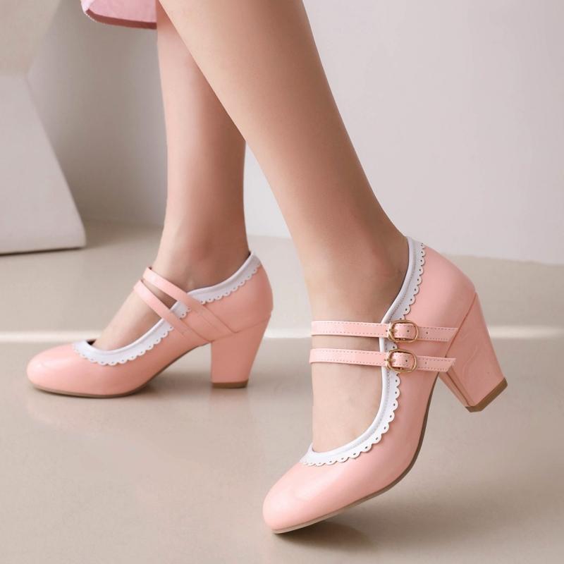 Fashion Sweet Women's Heels Size 45 Pumps Lolita Mary Janes Shoes Big Size Elegant Black Red Pink Heeled Office Wedding Shoes For Girls