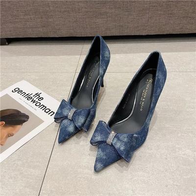 Женские туфли на тонком каблуке, осенняя новинка, остроносые, с мелким вырезом, со стразами, с бантом-бабочкой, джинсовые слипоны на каблуке