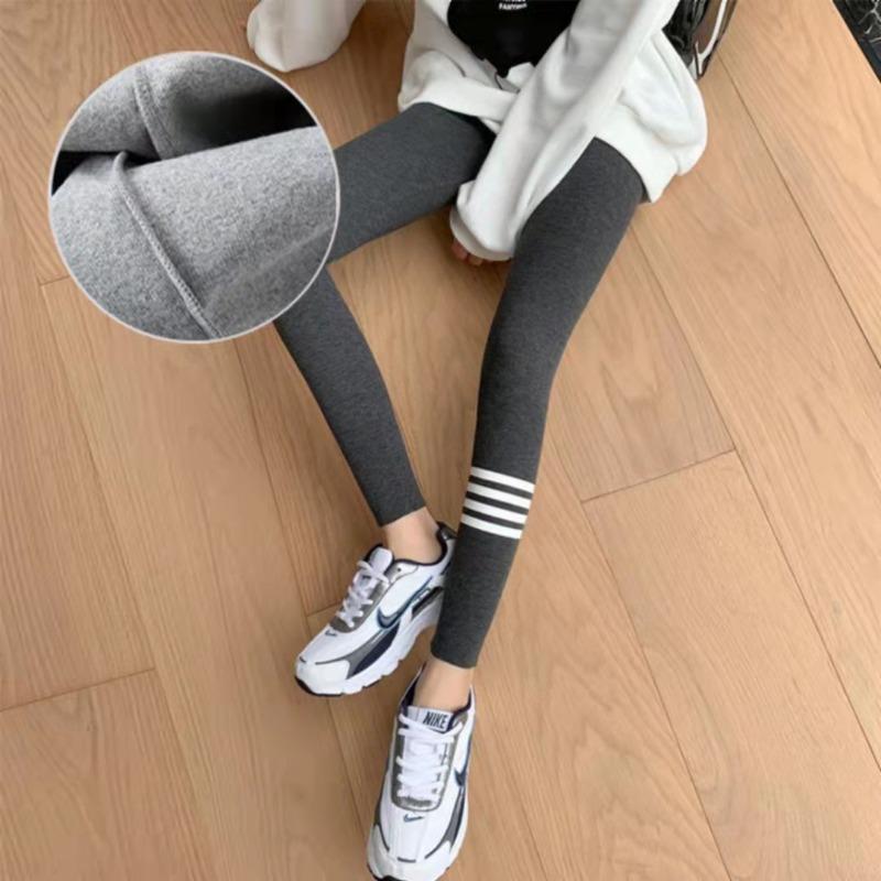 Quality Four White Strips Gray Leggings Women's Outer Wear Trousers High Waist Long Johns Piled Thickened Winter Cotton Pants