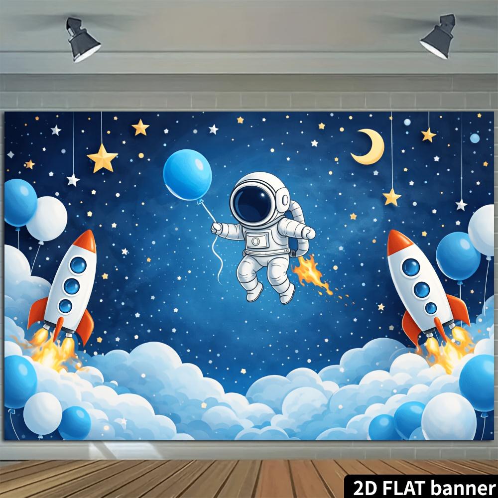 2D planar space-themed astronaut rocket featuring blue and white balloons
