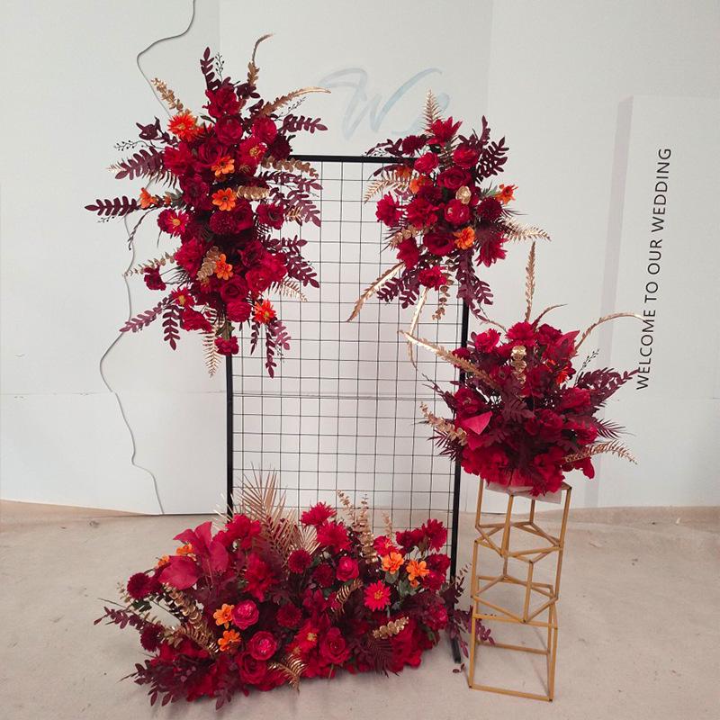 Red Floral Wedding Stage Backdrop with Artificial Flower Rows