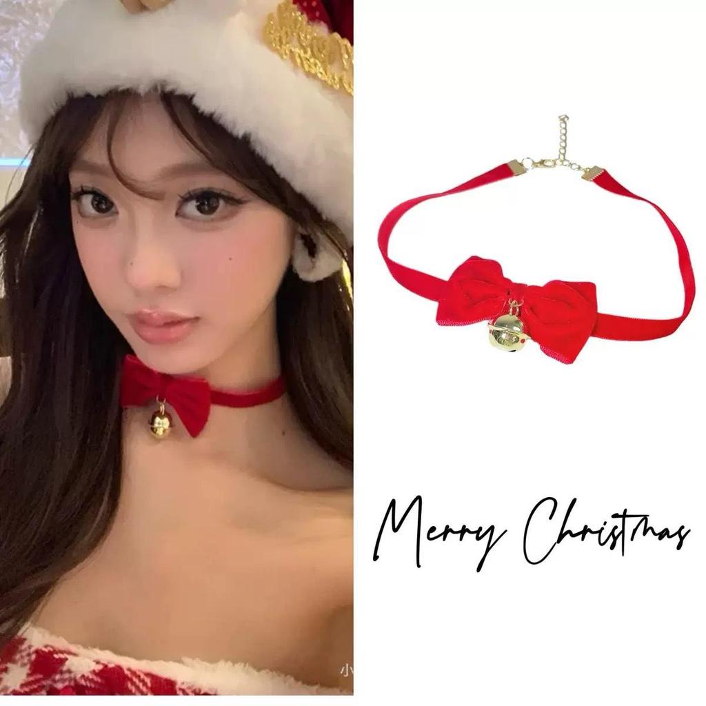 Adorable Christmas Plush Necklace with Red Velvet Bow and Jingle Bell Choker