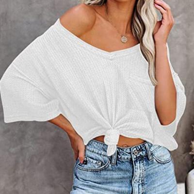 Повседневная футболка с коротким рукавом, свободная футболка, летняя женская футболка с V-образным вырезом, однотонная рубашка, уличная женская одежда 26321