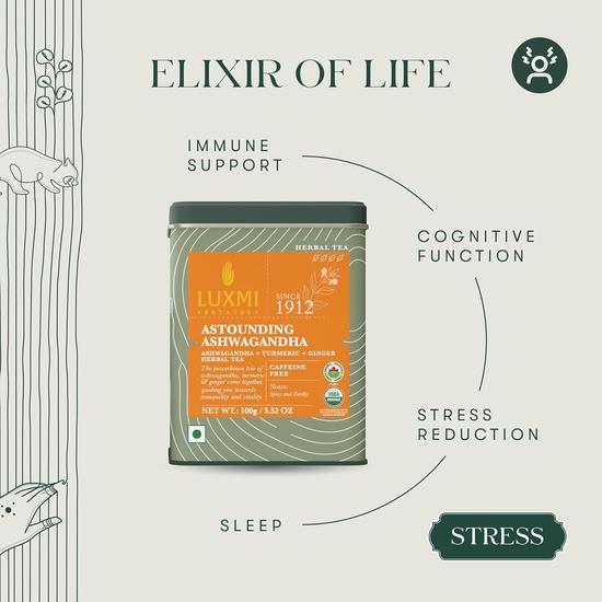 LUXMI Estates Astounding Ashwagandha Root Herbal Tea – 100g Loose Leaf Pack | USDA Organic | With Turmeric, Ginger, Lemongrass  | 50 Cups