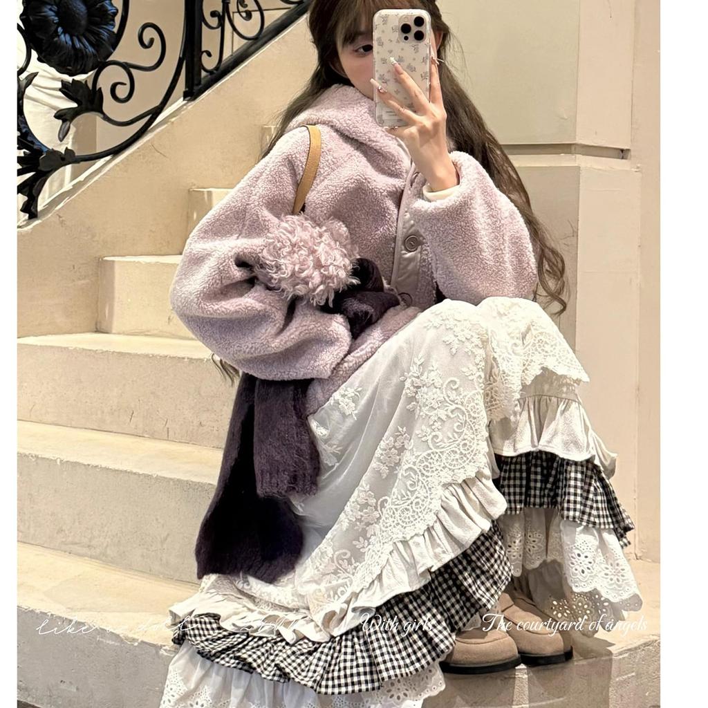 LAVASEON Милая длинная юбка с кружевом и цветочным и вышитым многоярусным узором в клетку, в стиле мори-гёрл, высокая, зимняя, с оборками, женская, массового производства, в школьном стиле,