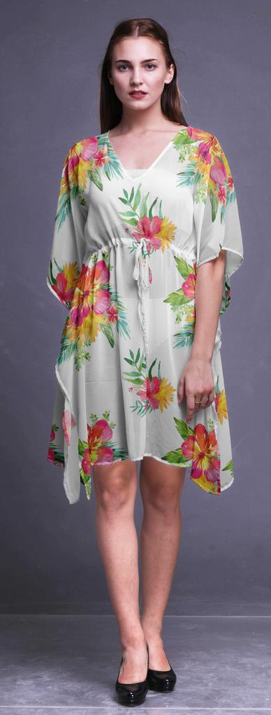 Bimba White2 Floral Tropical Leaves & Ladies Plus Size Kaftan Summer Wear Beach Coverup Kimono