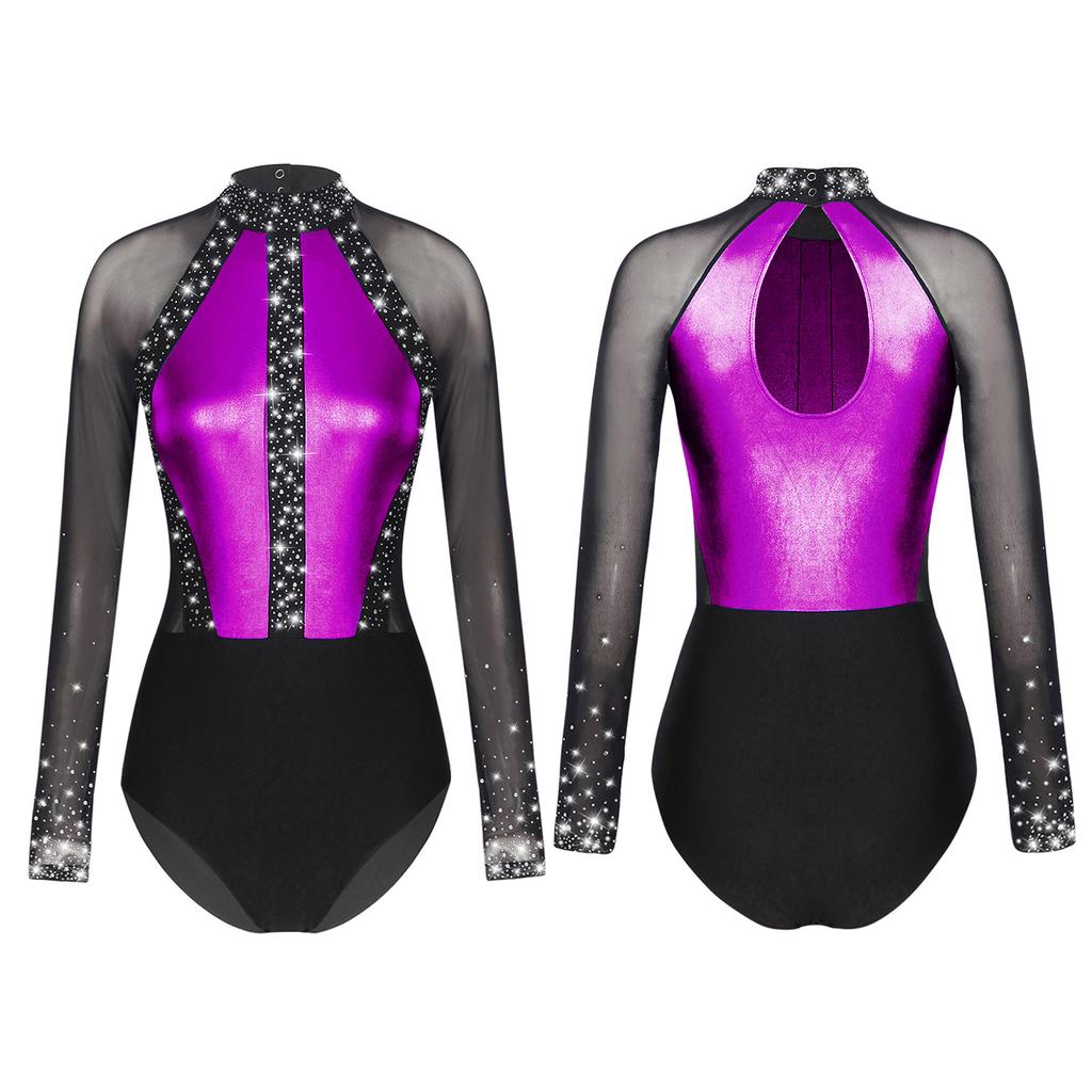 Женский купальник со стразами для балета, гимнастики и танцев, боди с длинными рукавами, костюм для фигурного катания, танца