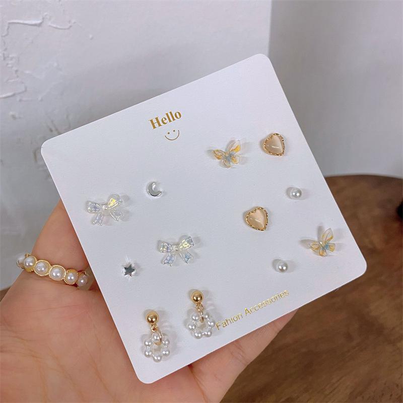 6 пар/комплект простые серьги-гвоздики с жемчужинами, луной, бантом, бабочкой, серьги в форме сердца и звезды для женщин, аксессуары, ювелирные изделия