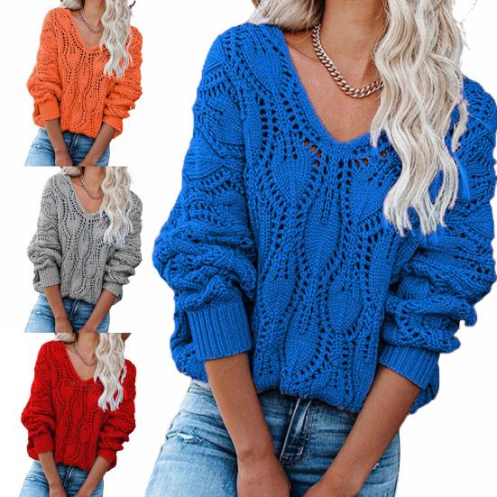 Winter Autumn V Pullovers Neck Sweaters Hollow Out Plus Size 4 Wool Colors Female Loose Knitted Jumper