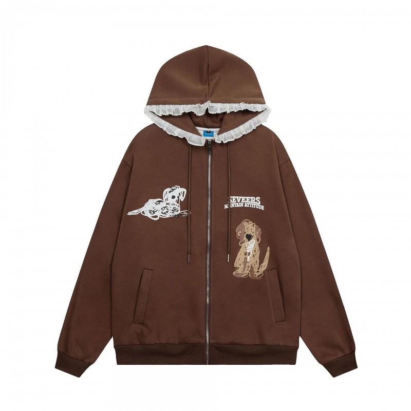 Unisex Oversized Hooded Sweatshirt With Embroidered Dog Print Vintage Washed Cotton Pullover Fall
