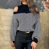 Autumn and Winter Women's Striped Sweater Half High Neck Fashion Pullover Cold Shoulder Knitwear