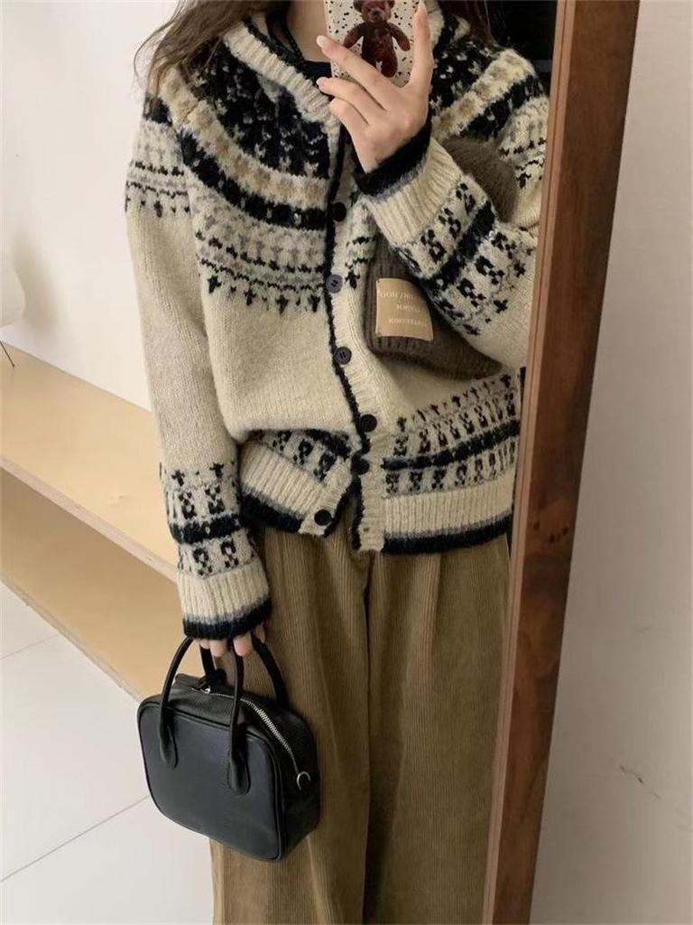 Женский ретро японский жаккардовый свитер с капюшоном - однобортный, свободный, ленивый стиль, вязаный кардиган на осень/зиму