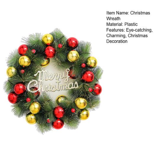 Christmas Wreath for Front Door Artificial Pine Needle Wreath with Balls Bows Flowers Merry Christmas Hanging Decor for Home Wall Window Porch Decor
