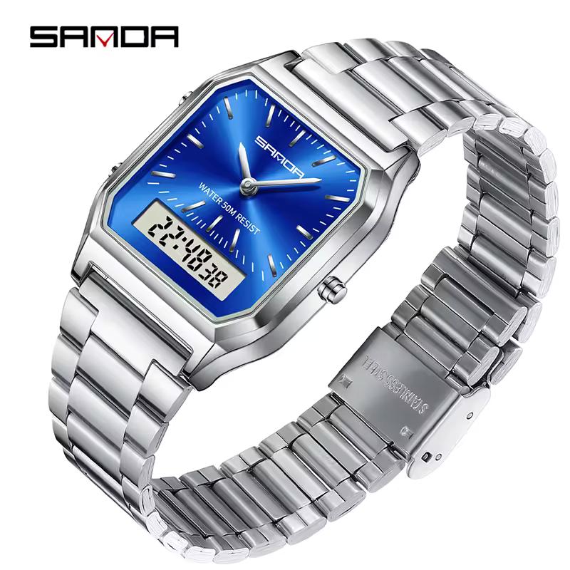 Unisex Analog Digital Quartz Wristwatch Square Case Waterproof Stainless Steel Bracelet Watch