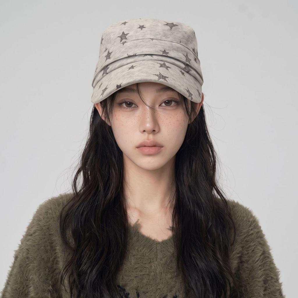 Old star print flat top hat women's big head circumference cap niche forward hat show face small baseball cap