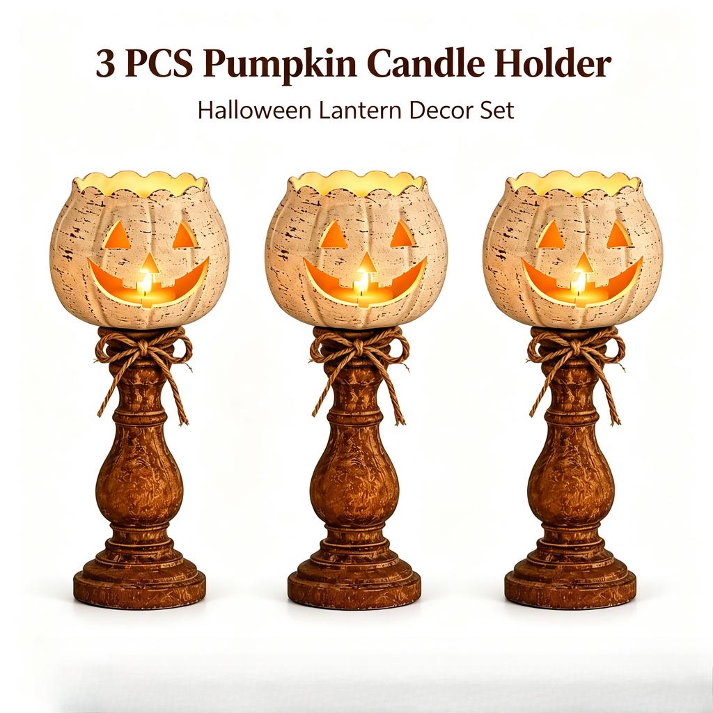 Vintage Distressed Pumpkin Tea Light Candle Holder Set Rustic Farmhouse Halloween Table Decor for Home Party Holiday Mantel