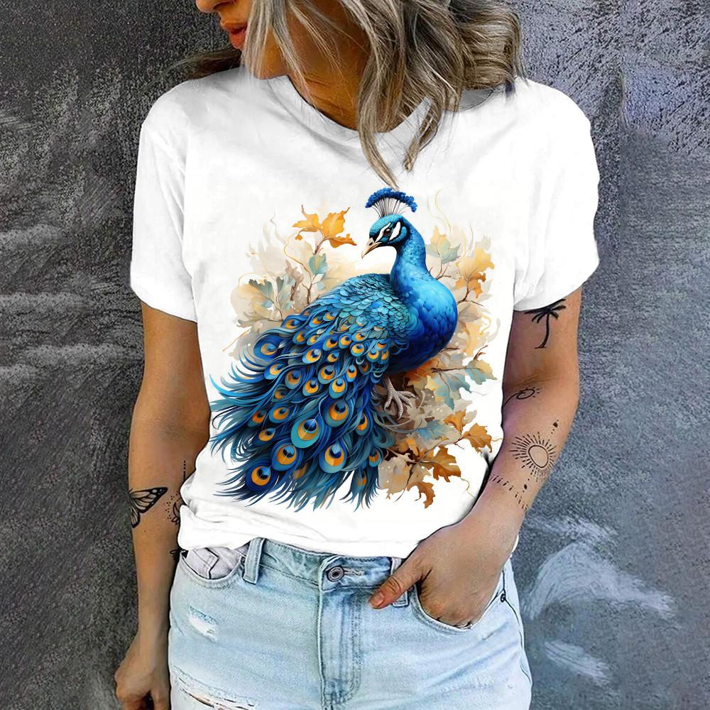2024 Fashion Trend New Simple Short Sleeved Top Summer Loose Casual Crewneck T-shirt Peacock Print Women's White T-shirt