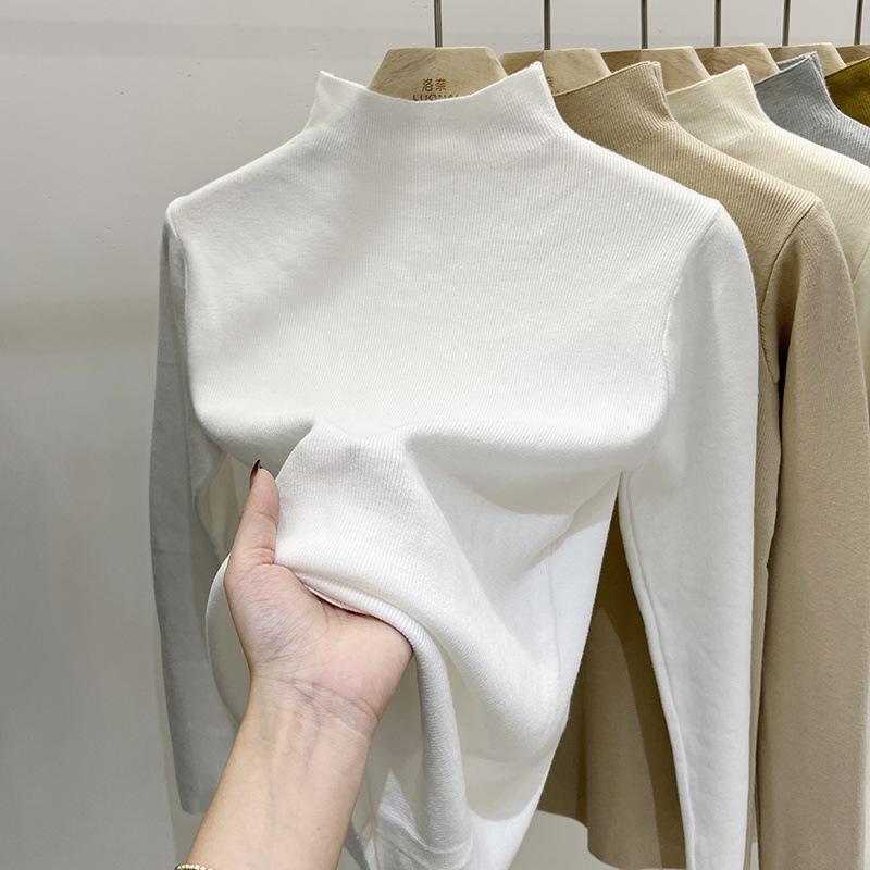 Осенне-зимняя женская нижняя рубашка, однотонный свитер, тонкая блузка с длинными рукавами, трикотаж с полувысоким воротником