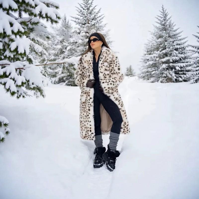 Womens Winter Faux Fox Fur Long Coat Leopard Print Loose Fit Street Style