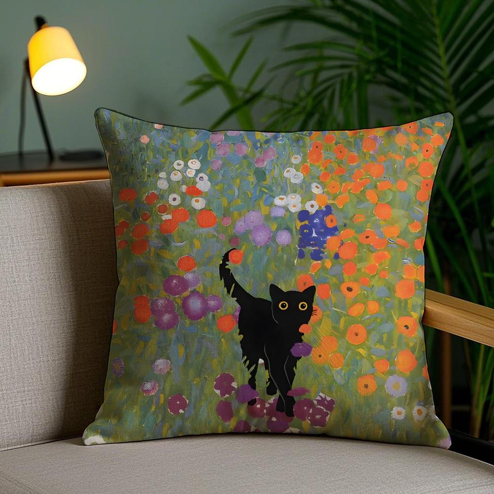 Cute Black Cat Oil Painting Cushion Cover Plush Fabric DoubleSided Printed Invisible Zipper Sofa Pillow Case Home Bedroom Decor