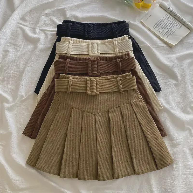 Women's Corduroy Pleated A-Line Skirt – High Waist, Slim Fit, College Style for Spring, Autumn, and Winter 2024