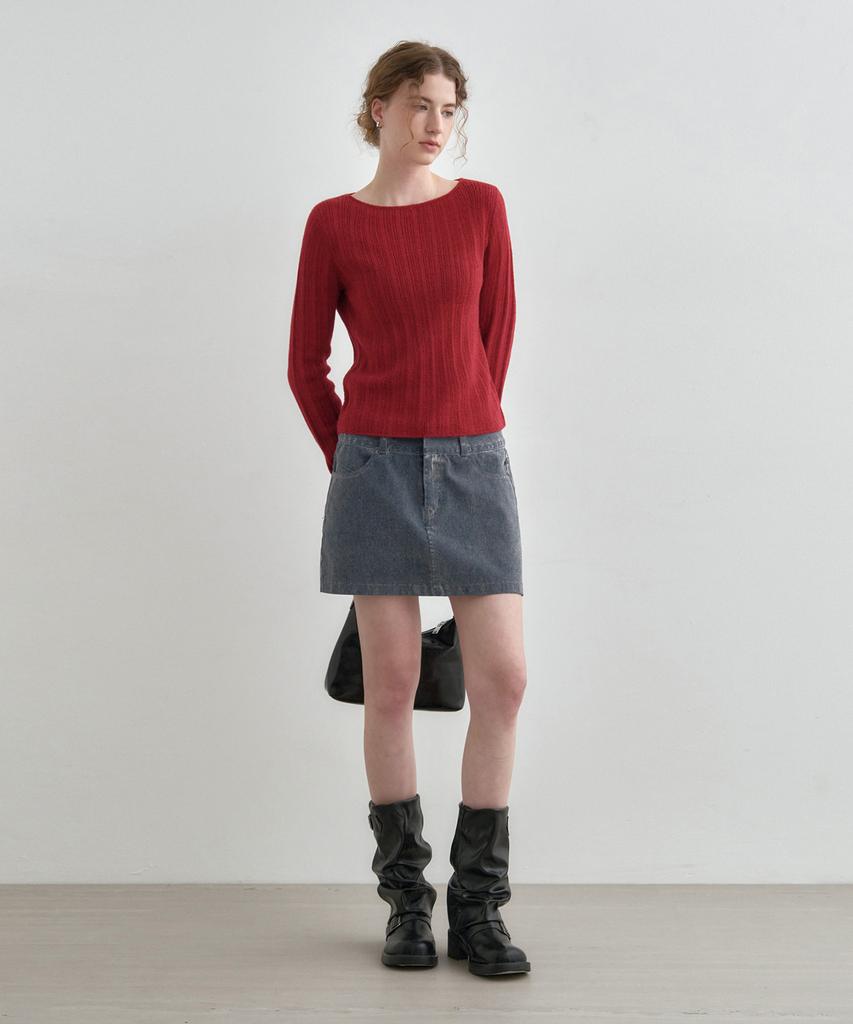 MONGDOL Boat Neck Alpaca Ribbed Knit Top Red Mdkt118Red