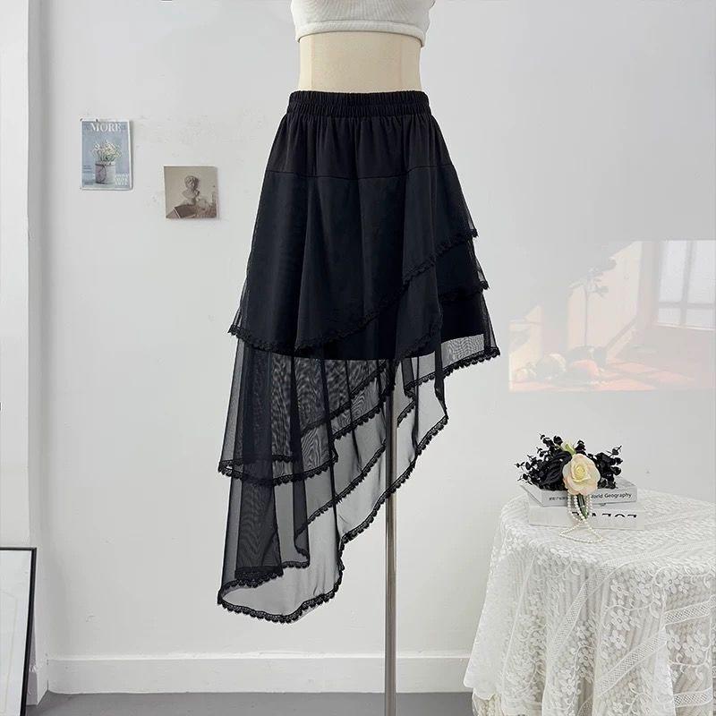 Неравномерная кружевная отделка, сетчатая юбка миди для женщин - Весна 2025, завышенная талия, А-силуэт, плиссированная, многоярусный дизайн.