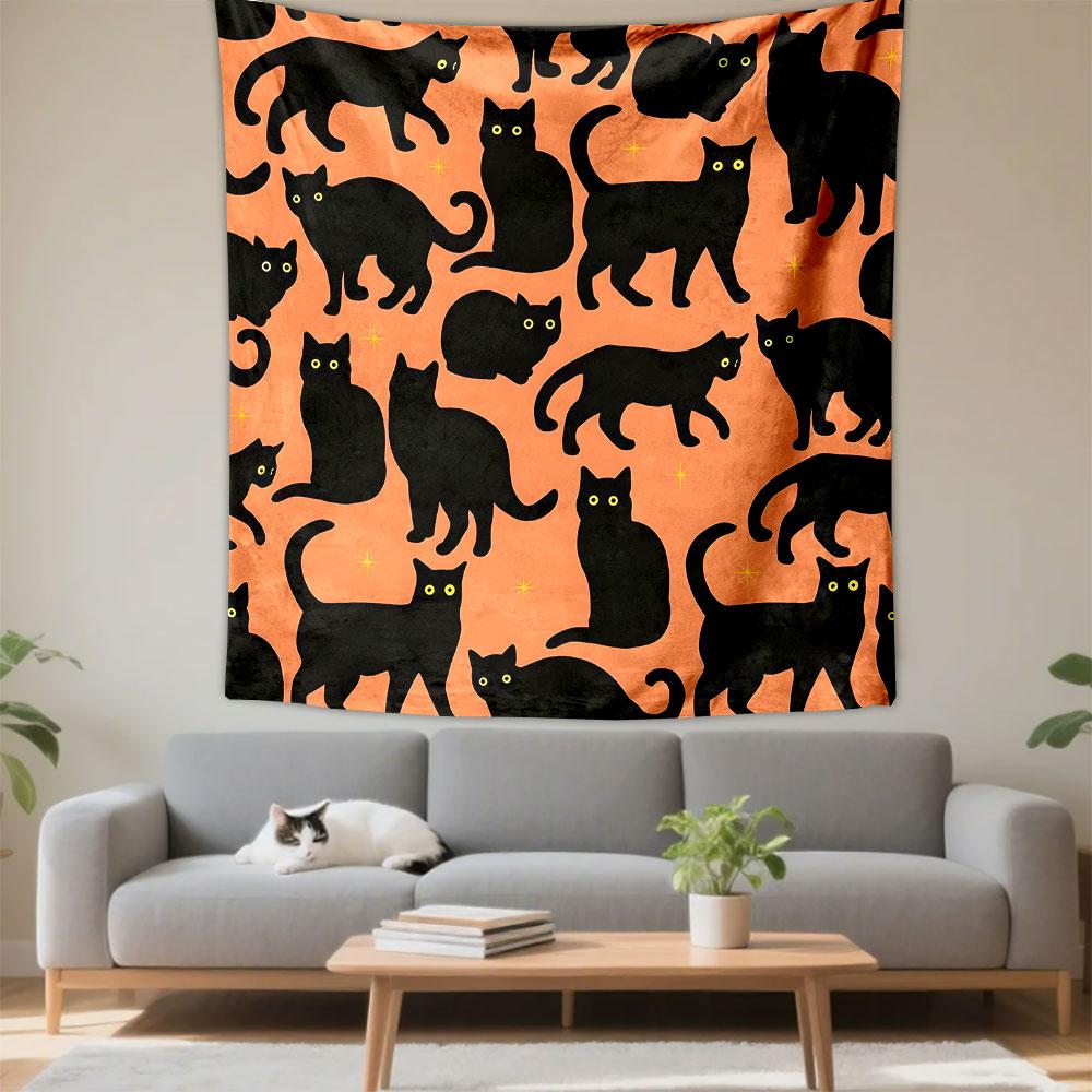 Black Cats Pattern on Orange Background Patterned Tapestry Decorative Wall Hanging, Home Bedroom Living Room Decor