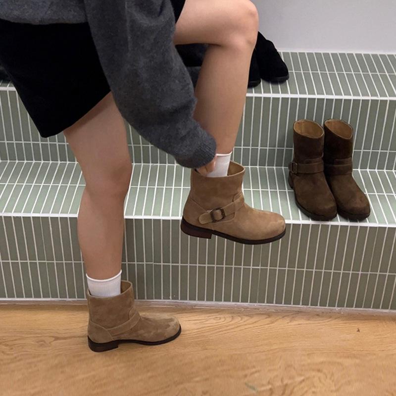 Cowhide version~ New Korean version round head belt buckle short boots women's leather low-heeled short ankle boots flat-bottomed medium boots